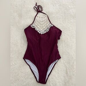 Cupshe Maroon and White High Neck Lace One piece Swimsuit